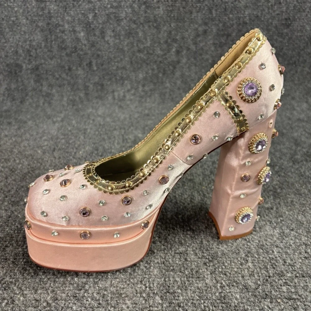 Azalea Wang Clea Satin Bejeweled  Pink Platform Heels 9